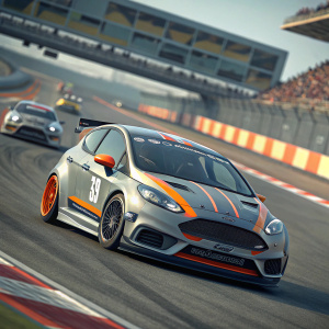 Ford Fiesta R5 in vibrant grey and orange racing at the track. Other cars blur by in the background.