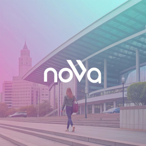 Modern logo design for Nova. Brand name in white. Clean sans-serif font, pastel color palette. Used for tech startups.