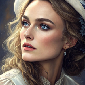 Keira Knightley in close-up, her striking blue eyes and classic beauty on full display. She wears a subtle makeup look and her blonde hair cascades over her shoulders.