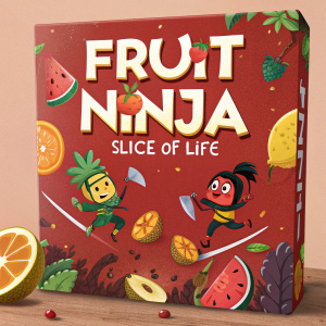 Box Art for Fruit Ninja: Slice of Life. Bright red background with cartoonish characters slicing various fruits. Designed for kids.