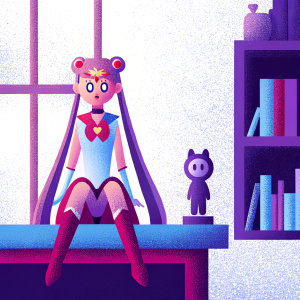 A detailed action figure of Sailor Moon. Sitting on a shelf in a collector's room.
