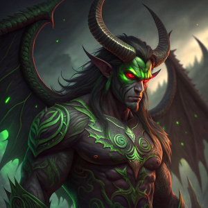 Digital art depicting Illidan, a World of Warcraft character. Muscular build, intricate tattoos, fiery red and green eyes. Dark and mystical background