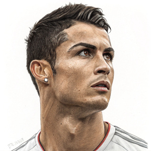 Pencil sketch of male soccer player Cristiano Ronaldo. Close-up of his intense gaze and rugged jawline. Dark hair and piercing eyes. Plain white background.