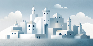 White illustration,  Marek Brzozowski style, isolated surrealistic collage of structural aesthetics, a lot of historical suomi houses and briges, huge ocean and sky, white, light pastel colors, zoom out view, grainy texturing paper