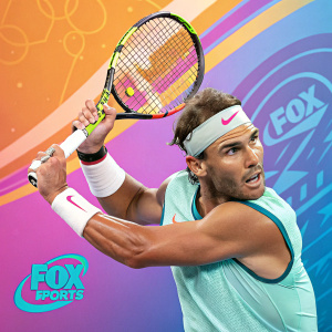 Rafael Nadal holding Babolat tennis racket. Dynamic pose, colorful and vibrant background with FOX Sports branding.