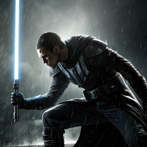A promotional poster for Star Wars: The Force Unleashed II. Dark tones dominate, with a figure in a crouched position, a close-up of an intense face, and a silhouette under dramatic lighting.