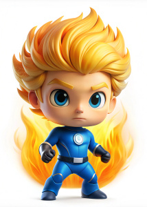 la antorcha humana 
los 4 fantásticos, estilo chibi pixar, white background