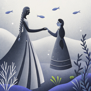 Queen Elsa and Princess Rapunzel in an underwater scene. Elsa with braided hair handing something to Rapunzel with flowing hair. Line-art style illustration with clear outlines.