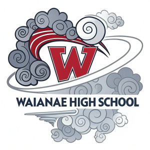 Waianae High School logo showcases a vibrant red 'W' enveloped in a swirling cloud pattern of varying gray shades, positioned above the school's name.