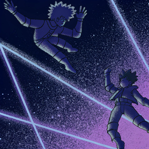 Digital illustration of 'Boku No Hero Academia' characters. Anime style art. Main characters with dynamic poses against black background with neon color accents.