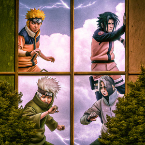 Grid of Naruto characters in dynamic action poses. Each character uniquely detailed and brightly colored.