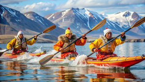  Eskimo kayaks in Chukotka. Only tree kayaks. regatta, competitions