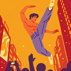Tiger Shroff performing a daring Parkour stunt in Times Square. Shirtless and suspended mid-air, surrounded by cheering crowds and flashing cameras.