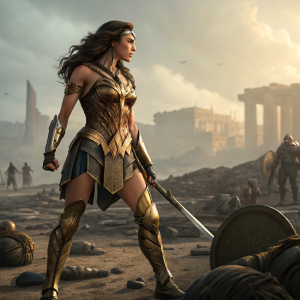 Gal Gadot, Wonder Woman, standing on ancient battle ground. War scene. Golden armor, fierce expression