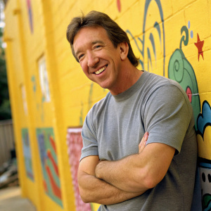 Tim Allen, smiling confidently in a casual grey t-shirt. Set against a vibrant yellow wall filled with graffiti art.