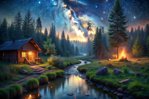 Good evening,Звёздное небо, лес, деревянный  домик, ручей, лёгкий туман, кусты , костёр, светлячки