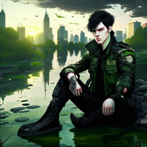 dishonored outsider styled young man with pale skin, thin, dark emo hair, wearing a military tac vest, black shirt green military uniform top and black pants. relaxing at a river