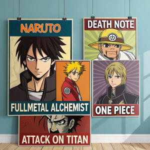 Anime character wall. Posters of Naruto, Death Note, Fullmetal Alchemist, One Piece, and Attack on Titan. A collage featuring the characters with their names and series titles