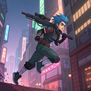 Digital illustration of a young anime character in a cyberpunk setting. Blue hair, intense expression, futuristic combat attire. Character is mid-leap with a large, high-tech weapon slung on their back. Vibrant neon colors and detailed urban landscape background.