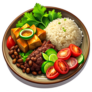 a plate of rice, beans, meat, and salad