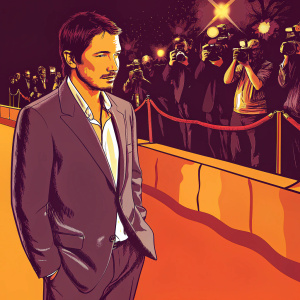 Josh Hartnett at the Hollywood premiere. Gray suit, white shirt underneath, stubble. Standing on red carpet with paparazzi flash.