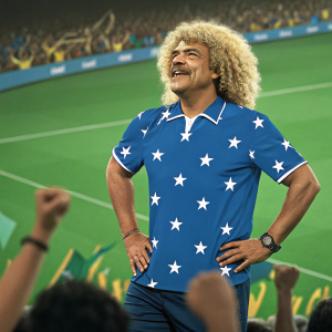 Carlos Valderrama, Colombian soccer legend, wearing blue shirt with white stars. Dashing pose. Crowd cheering, soccer field