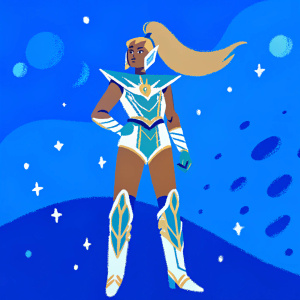 Mythra, a cosmic warrior, blonde hair tied in a high ponytail, green and gold armor, standing in a heroic pose. Space-themed background with gradient colors, stars, and galaxies.