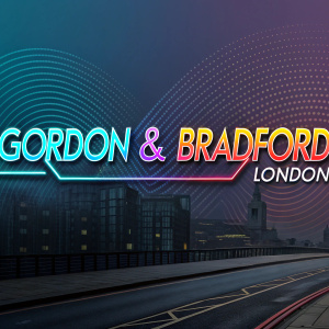 Modern logo design for Gordon & Bradford London. Futuristic font style, vibrant colors, abstract background pattern