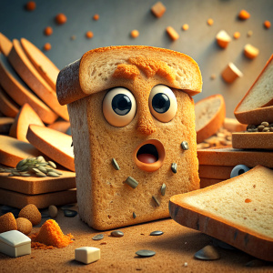 slice stale bread with dump face in background  a lot in small piece