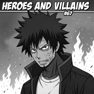 Dramatic black and white comic panel of Dabi from My Hero Academia. Intense facial expression, rough hair, face bruises. Fiery background. Top banner reads 'Heroes and Villains #67'