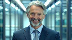 portrait of successful senior businessman consultant looking at camera and smiling inside modern office building