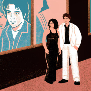 Marcelo Vieira, Clarice Alves, and Enzo Alves Vieira at the movie premiere. They stand in front of a vibrant poster for their new film. Marcelo is dressed in a jacket and t-shirt, Clarice in a sleek black dress, and Enzo in a white suit.