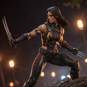 Highly detailed action figure of X-23, ready for battle pose, dynamic lighting