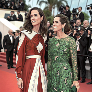 Jennifer Connelly and Claudia Llosa at Cannes Film Festival premiere. Jennifer in a brownish-red dress with white accents, Claudia in a green dress with intricate patterns. Crowded red carpet