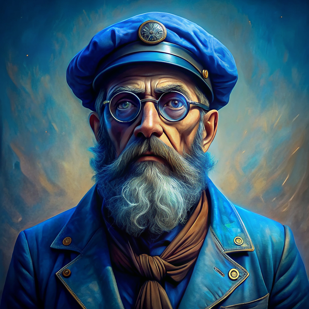 A nobleman with a beard, wearing a cap with glasses, in blue long clothes, in the style of dieselpunk