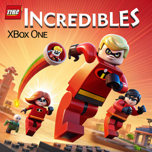 LEGO The Incredibles video game cover, featuring heroic poses of microscale characters from The Incredibles franchise. Bright color palette with primary hues. Xbox One logo prominently displayed at top.