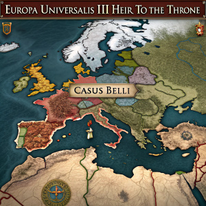 Screenshot from Europa Universalis III: Heir to the Throne. Dynamic Europe map with intricate details. In-game pop-up window showcasing Casus Belli information. Strategic gameplay interface.
