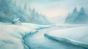 a river flowing right in front of the hut, winter