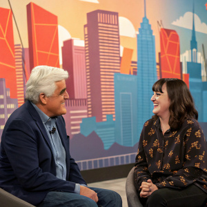 Jay Leno and Mara Wilson in an informal setting. Brightly lit studio with abstract cityscape mural in the background.