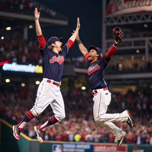 Bradley Zimmer and Francisco Lindor celebrating a victory. Jumping with excitement, dark blue jerseys, white pants with red trim. Crowd cheering in the background. High-definition action shot.