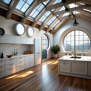 kitchen in loft style with white walls, round windows and a round panoramic roof