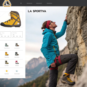 Screenshot from La Sportiva's website showcasing rock climbing gear. Detailed sizing chart and technology specs highlighted.