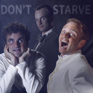 Advertisement for the game 'Don't Starve'. Multiple characters with over-the-top facial expressions. Dark background, highlighting the number of playable characters.
