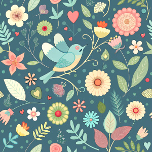 Floral seamless pattern with flowers, bird, hearts and butterfly. Vector illustration for your lovely design. Seamless endless funny spring texture for textile. Colorful.