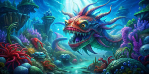 Vicious Under water Sea Monster in Amazon Lily in One Piece Anime, underwater scenery, cinematic