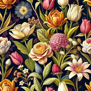 Flowers seamless pattern in the style of Dutch still lifes of the 17th century