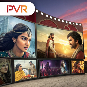A webpage featuring PVR cinema's latest film lineup. Movie posters in vibrant hues with traditional Bollywood themes. PVR logo prominently displayed. User-friendly layout. Posters in Hindi script, showcasing diverse scenes and characters.
