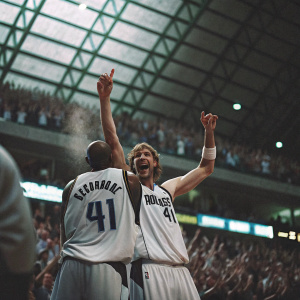 Jerry Stackhouse and Dirk Nowitzki celebrating during a Dallas Mavericks game. Stackhouse in a white jersey, Nowitzki with number 41. Crowded arena background