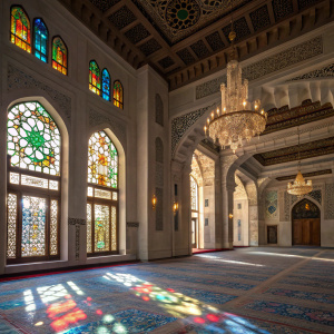 The Sultan Qaboos Grand Mosque in Muscat, Oman. Sunlight streaming through stained glass windows, casting colorful patterns on the floor. Photo.