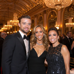 Celebrity trio Justin Timberlake, Sheryl Crow, and Eva Longoria at a glamorous charity gala. The room is filled with gold decorations and chandeliers.